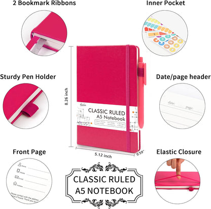 feela College Ruled Notebooks, 24 Pack Business Notebook Hardcover Lined Writing Journal with Pen Holder for Men Women Note Taking, with 24 Black Pens, 120 GSM, 5.1”x8.3”, A5, White