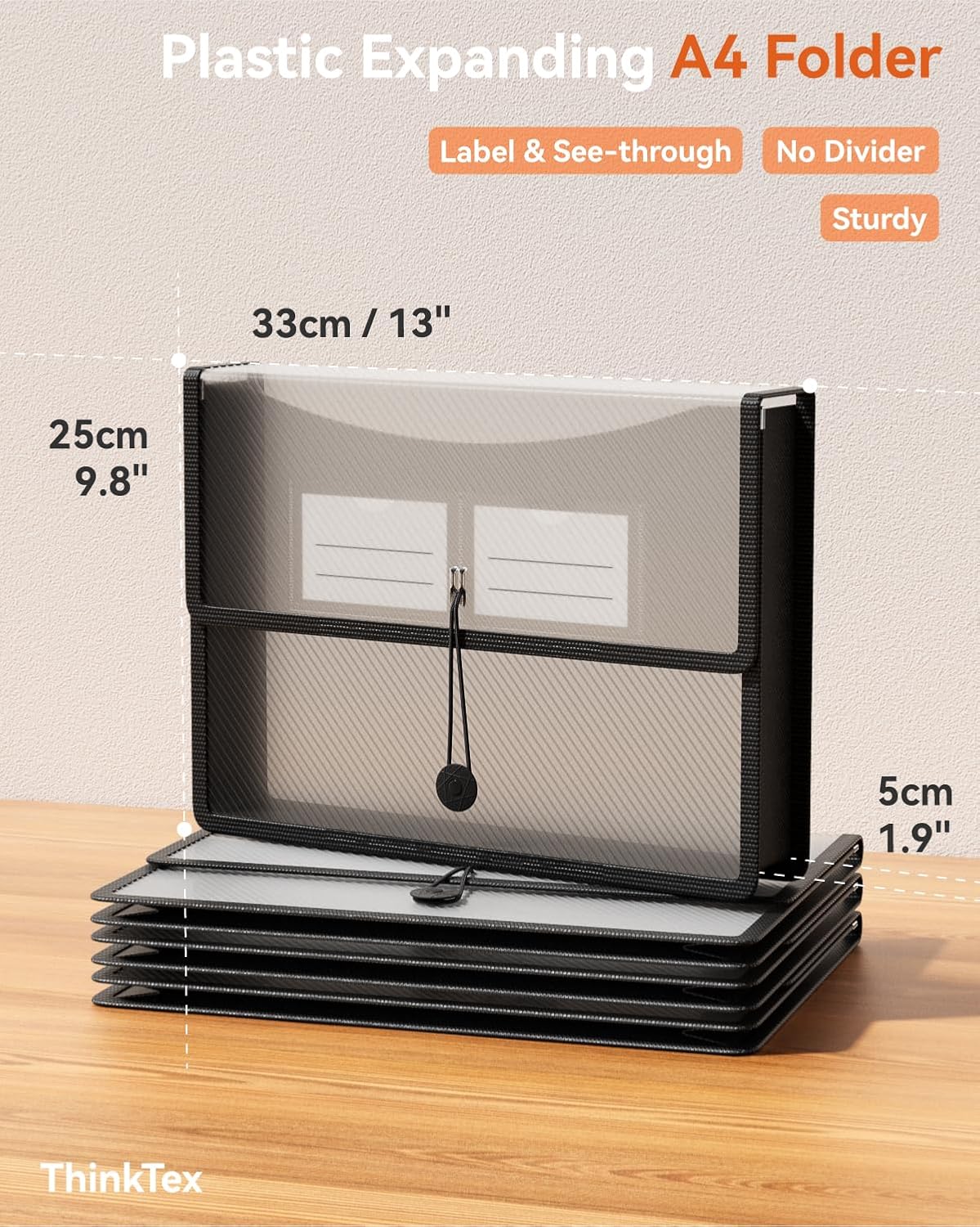 ThinkTex Plastic Expanding File Folder, Transparent Envelopes with Snap Closure, No Dividers, Large Capacity, Assorted Colors, Fits Letter / A4 Size - 5 Pack