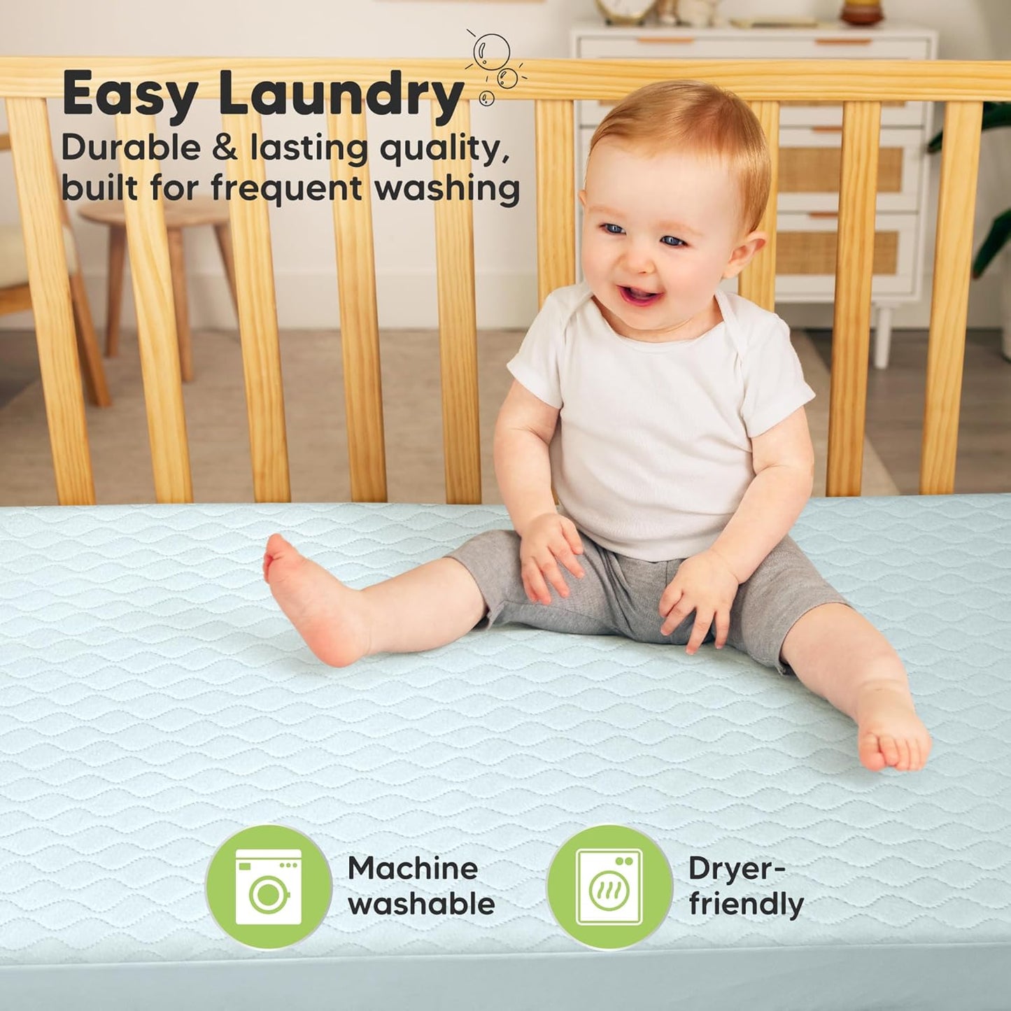 2-Pack Waterproof Crib Mattress Protector Cover Fitted - Quiet Baby Crib Mattress Pad Sheets, 52" x 28" Soft Quilted Cotton Baby Sheet, Machine Washable, Easy Fit, Durable (Soft White/Mavy)