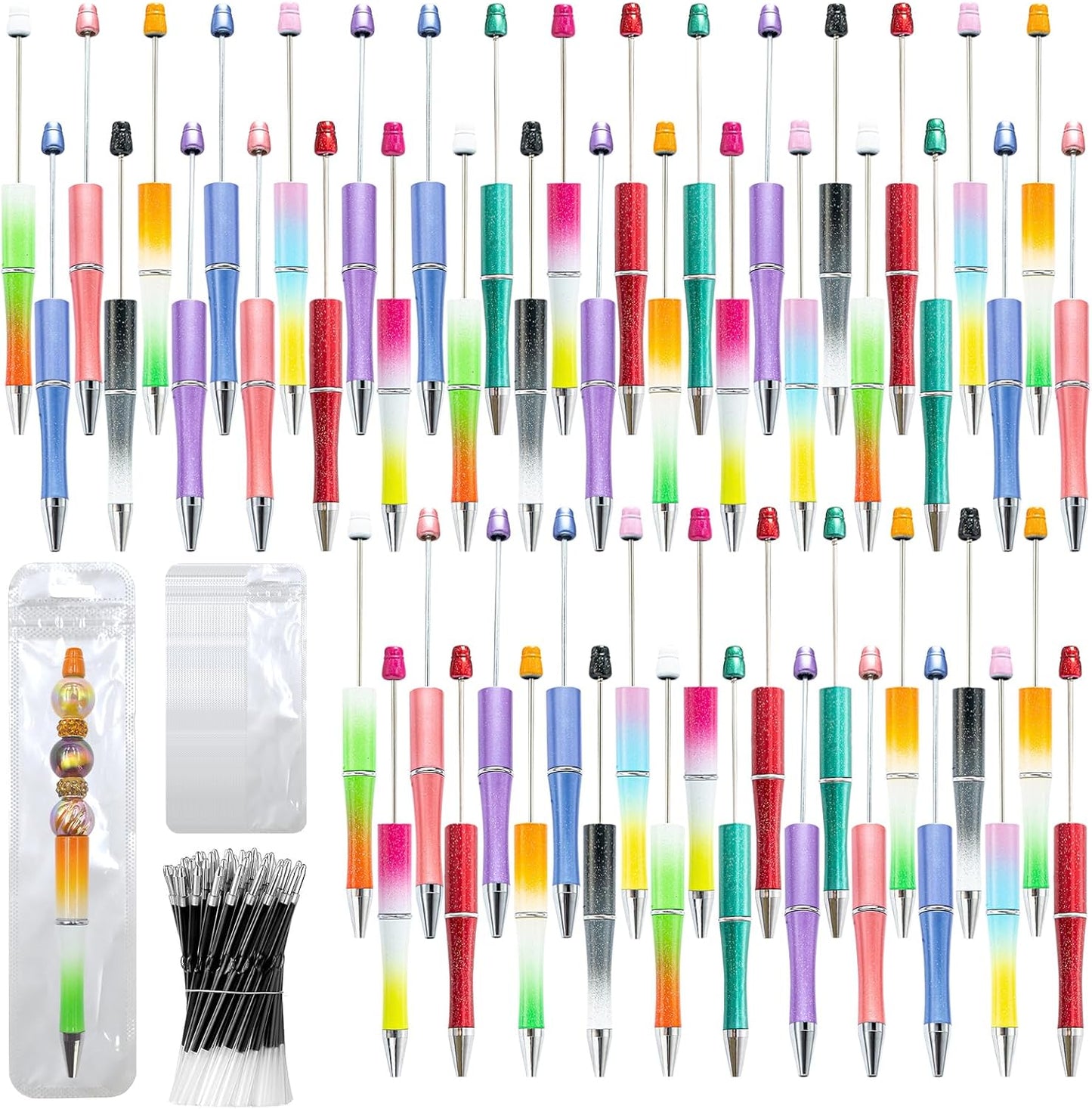 150 Pieces DIY Beadable Pen Kit – 50 Plastic Ballpoint Pens with Refills & Bags, Beads Not Included – School Supplies, Office Accessories & Craft Gifts for Students & Teachers (Multicolor)