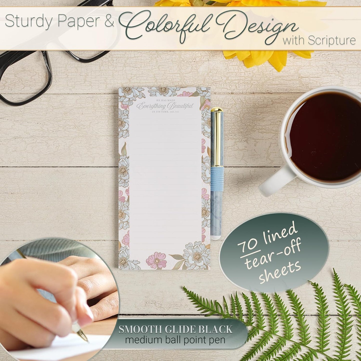 Christian Art Gifts Compact Magnetic Notepad & Medium Ballpoint Pen Set: Trust in the Lord Inspirational Scripture, Shopping Lists, Memos, Reminders, 70 Lined Easy Tear-off Sheets, Purple/Teal Floral