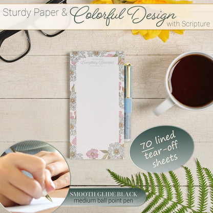 Christian Art Gifts Compact Magnetic Notepad & Medium Ballpoint Pen Set: Trust in the Lord Inspirational Scripture, Shopping Lists, Memos, Reminders, 70 Lined Easy Tear-off Sheets, Purple/Teal Floral
