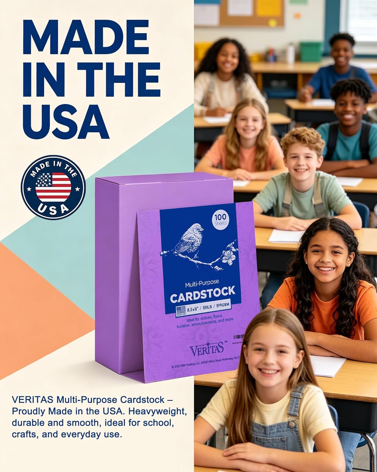 Veritas White Cardstock 8.5 x 11”, 110LB Index/199GSM Heavyweight Card Stock, 100 Sheets, Thick Cardstock Printer Paper for Copy, Printing, Art Projects, Invitations, Made In USA