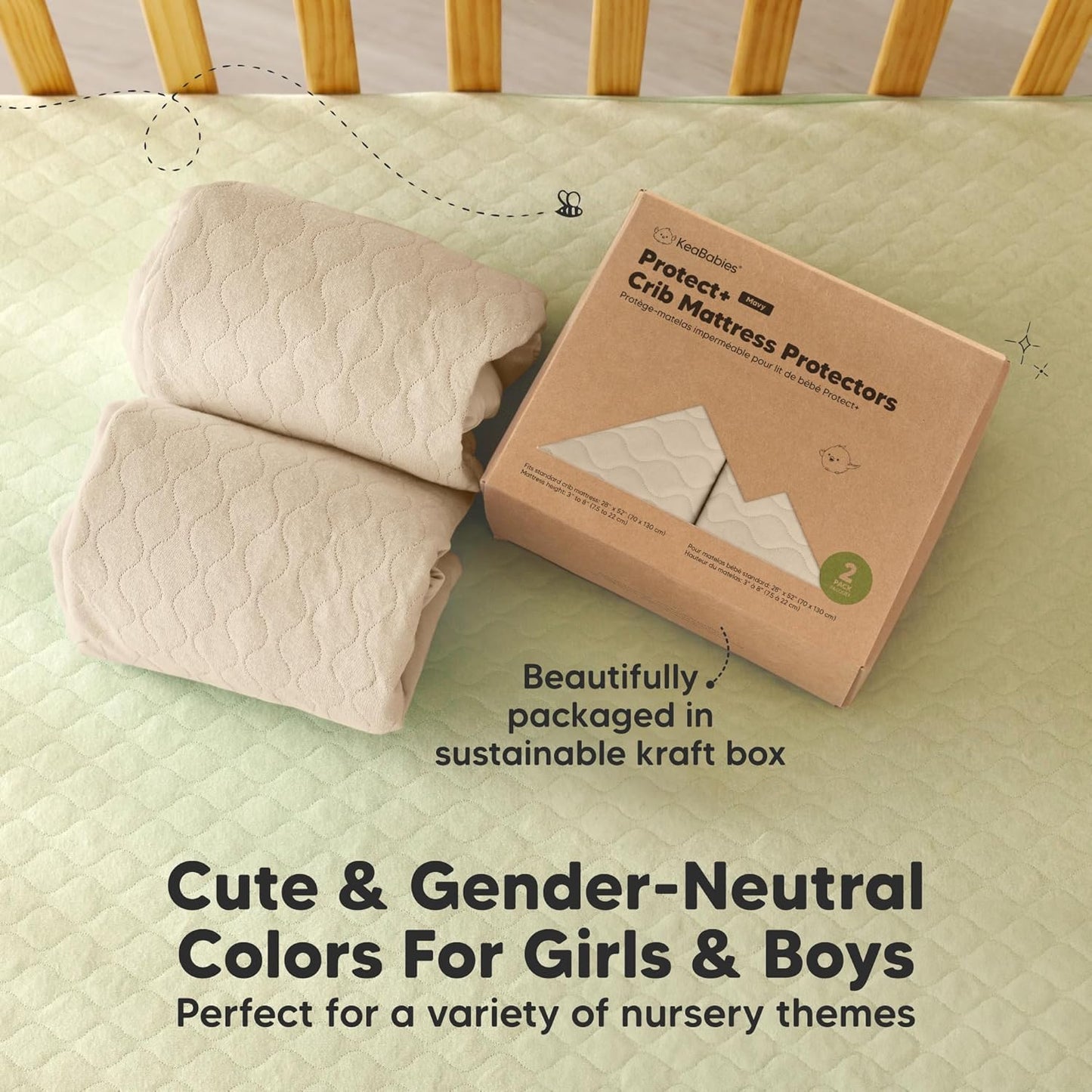 2-Pack Waterproof Crib Mattress Protector Cover Fitted - Quiet Baby Crib Mattress Pad Sheets, 52" x 28" Soft Quilted Cotton Baby Sheet, Machine Washable, Easy Fit, Durable (Soft White/Mavy)