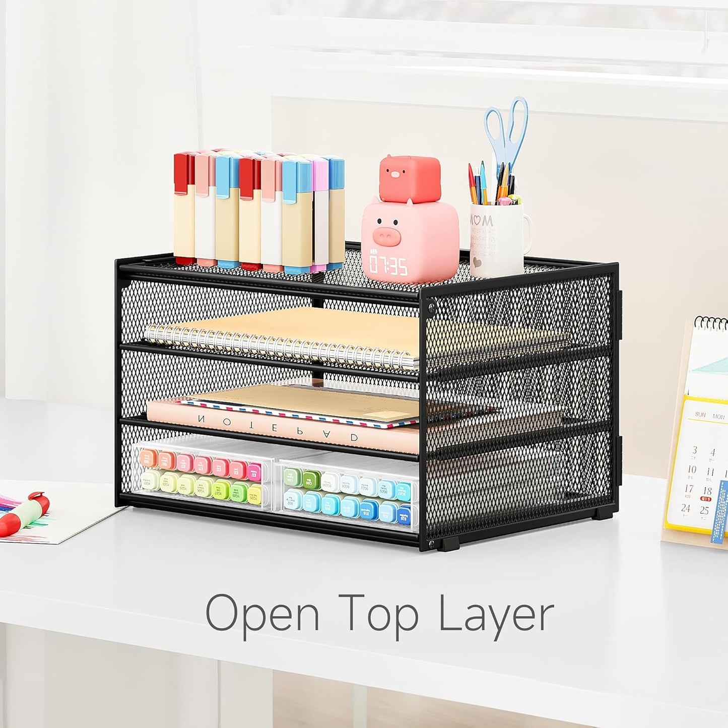 Lavatino 3-Tier Letter Tray Desk Organizer, Mesh Metal Paper File Tray Organizer for Desk, Office Supplies & Home Organization, Fits A4 Paper, Mail, Magazines & Office Accessories (Black with Handle)