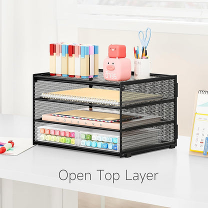 Lavatino 3-Tier Letter Tray Desk Organizer, Mesh Metal Paper File Tray Organizer for Desk, Office Supplies & Home Organization, Fits A4 Paper, Mail, Magazines & Office Accessories (Black with Handle)
