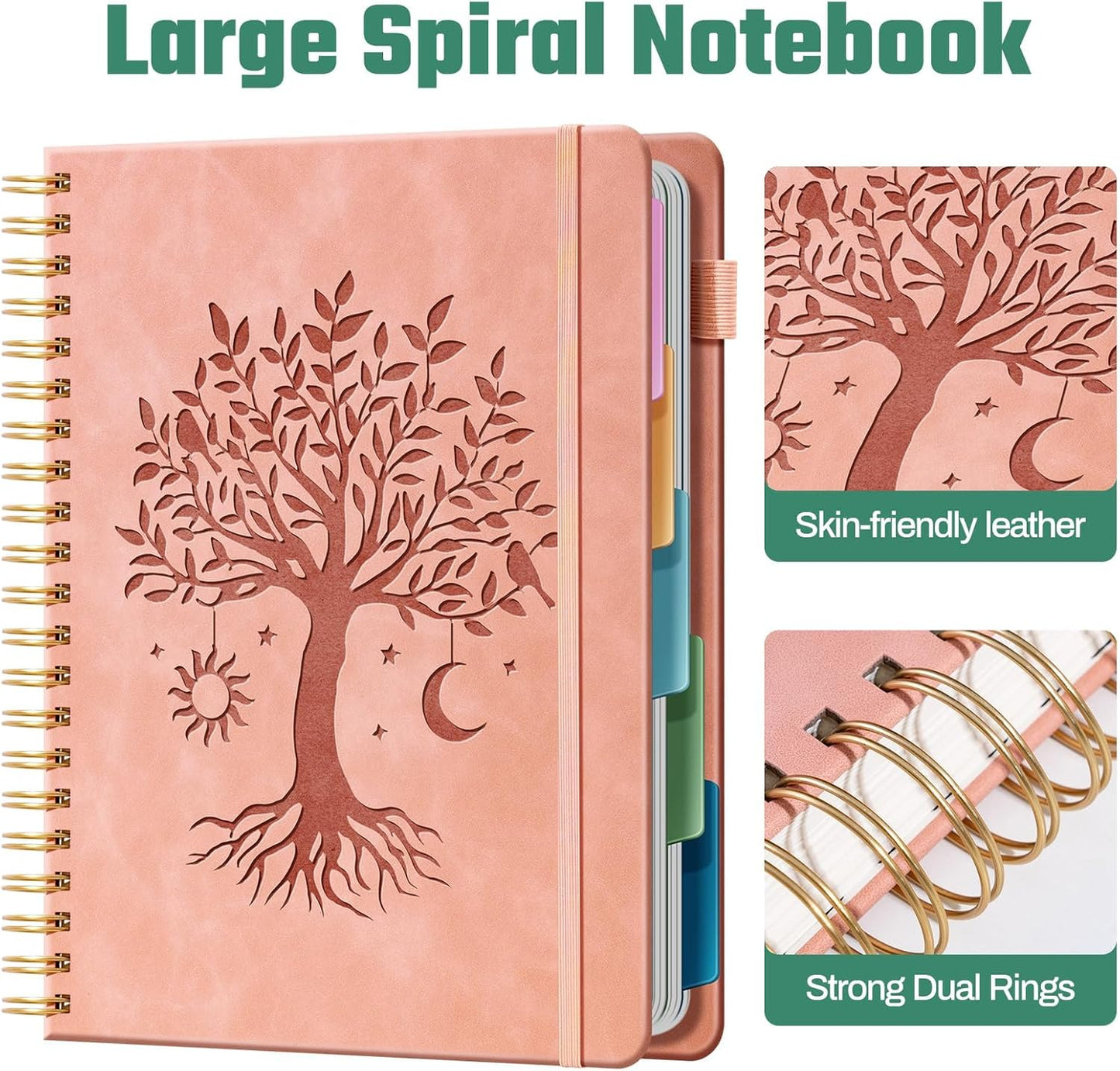 Ovesmusl Hardcover Spiral Notebook 8.5" x 11" with 5 Removable Dividers 300 Pages Leather 5 Subject Notebook College Ruled 100GSM Large Spiral Notebooks for Work Thick Lined Journal for Women, Green