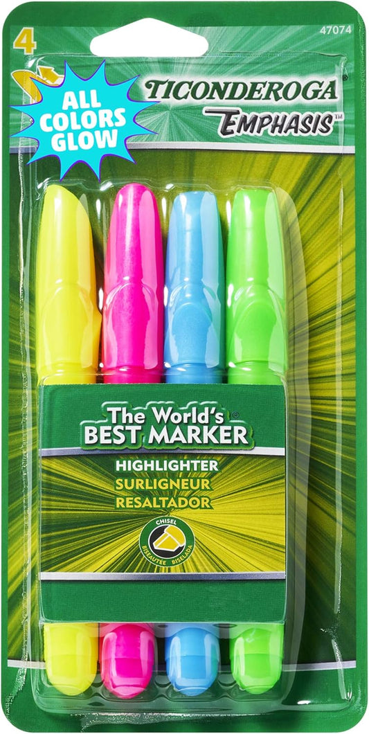 Ticonderoga Emphasis Chisel Tip Highlighters 4/Pkg-Assorted Colors
