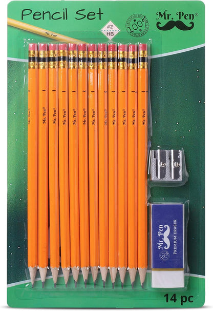 Mr. Pen- Pre-sharpened #2 HB Pencils, 12 Pack, Double-Hole Metal Sharpener, Vinyl Eraser, 2 Pencils with Erasers for Kids, Students, School Supplies