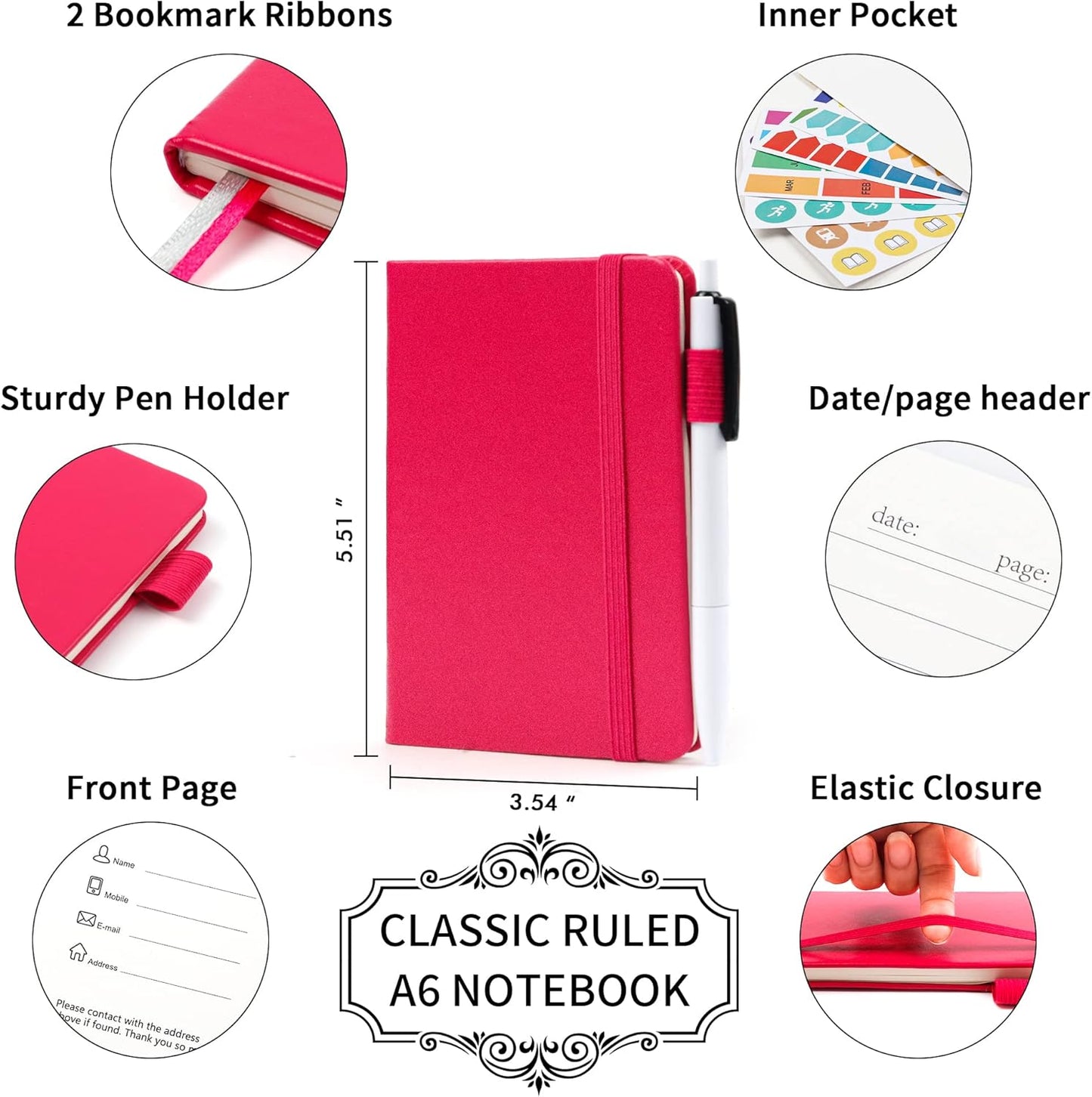 feela 3 Pack Pocket Notebook Journals with 3 Black Pens, A6 Mini Cute Small Journal Notebook Bulk Hardcover College Ruled Notepad with Pen Holder for Office School Supplies, 3.5”x 5.5”, Gray