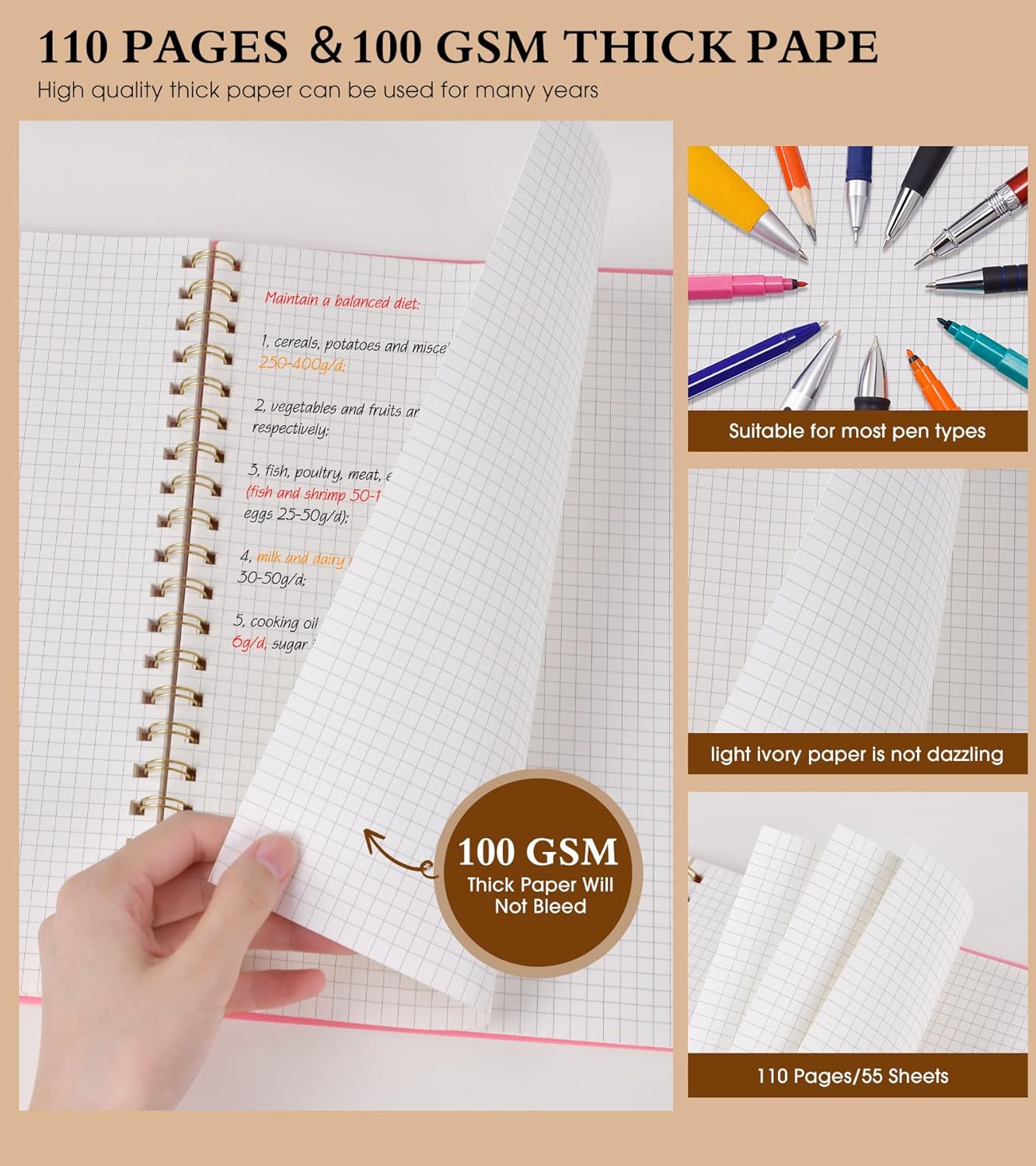 Spiral Notebook Journal 8.5” x 11”, A4 Large Pink Notebooks for Women Men, College Ruled Lined Journal, 100 GSM Paper, Plastic Hardcover Spiral Bound Journals for Work School Note Taking Business