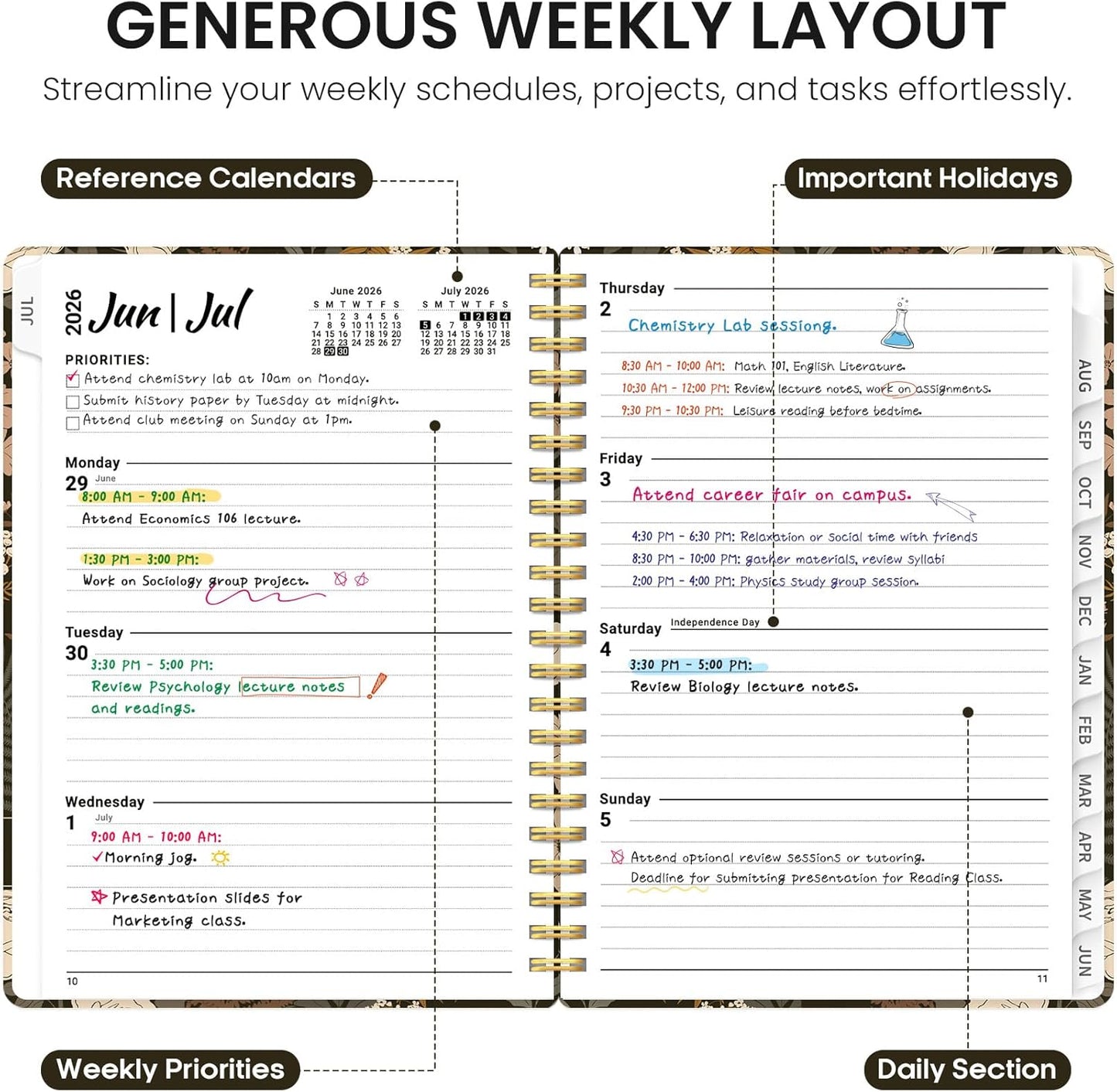 Planner 2026-2027, Academic Year Monthly and Weekly Calendar Planner, Jul 2026 - Jun 2027, Hardcover Teacher Student Planning Agenda book with Tabs, Perfect for School Office Supplies, 6.3" x 8.5" - Wildflowers