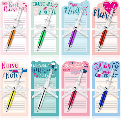 Laumoi 8 Set Funny Nurse Notepad with Pen 2026 Nurse Week Gift Bulk Nursing Sticky Note Die Appreciation Memo Pad with Syringe Ballpoint Pen for Medical Assistant Rn Cna Lrn (Novel, Bright Color)