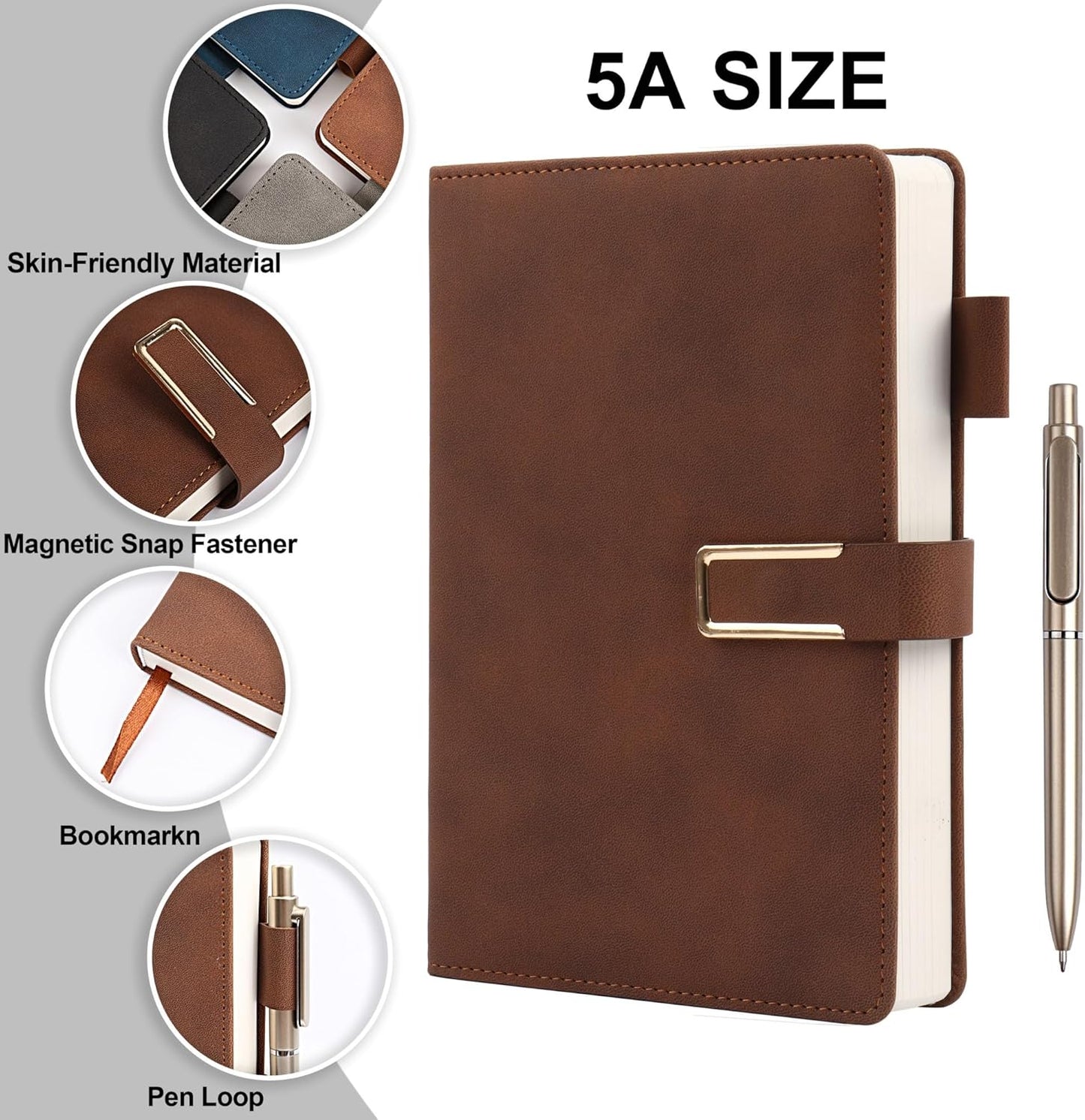 Hardcover Lined Notebook Journal for Women & Men,256 Pages 5.7 x 8.3 inches,A5 Ruled Notebooks Magnetic Closure Leather Journal,Daily for Work,Meeting,Travel,Writing,School and Note Taking (Gray)