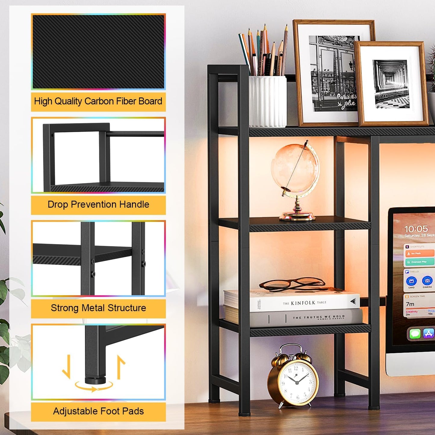 Snughome Desk Shelf, 38.6" Desktop Organizer Shelf, Desk Hutch for Computer Monitor, 4 Tier Desk Display Rack, Wood Desktop Bookshelf Storage Rack for Home Office Dorm, Rustic Brown | Desk Hutch, Computer Monitor, Desktop Display Rack, Home Office Dorm