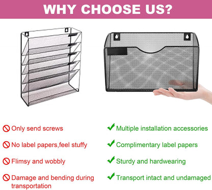 1 Pocket Mesh Wall File Holder Organizer Office Hanging File Folder Magazine Rack, Nametag Label Hooks Set Included (Black)