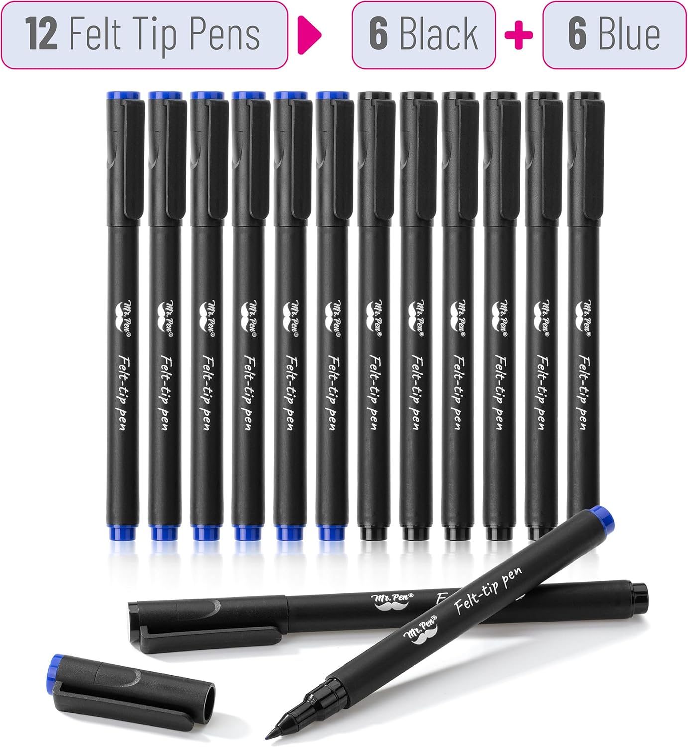 Mr. Pen- Felt Tip Pens, Fine Point, 12 Pack, Blue and Black Inks, Fast Drying, No Smear, Bible Journaling Pens No Bleed-Through for Planners, Sketching, Writing