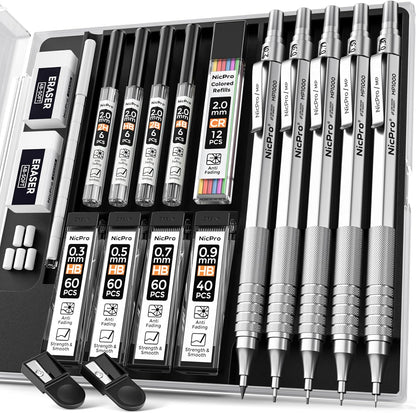 Nicpro Black Art Mechanical Pencil Set, 5PCS Metal Drafting Pencils 0.3, 0.5, 0.7, 0.9 mm & 2mm Graphite Lead Holder For Sketching Drawing With 9 Tubes (4B 2B HB 2H Colors) Lead Refills Erasers Case
