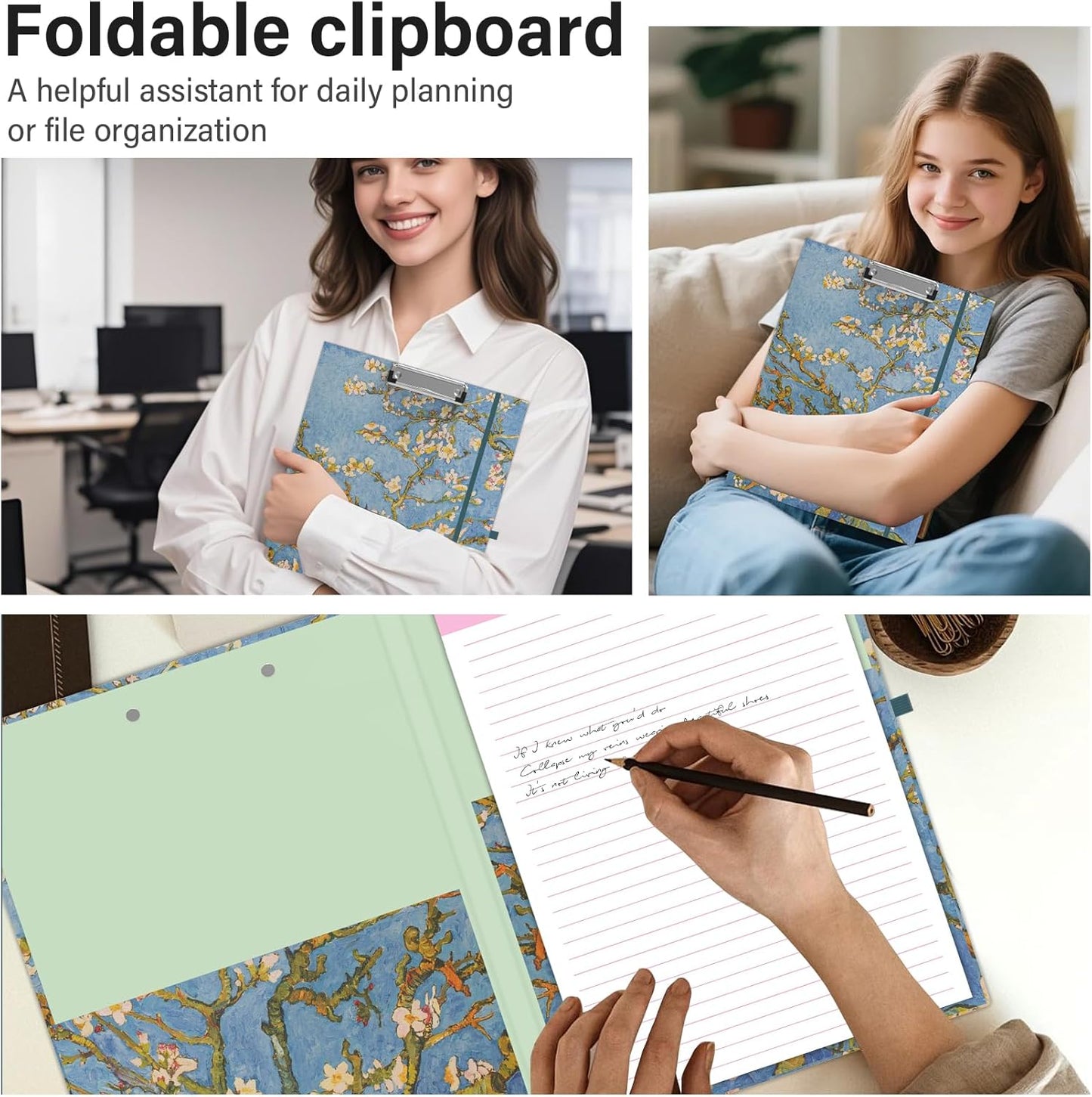 A4 Cute Clipboard Folio with Notepad Clipfolio and Interior Storage, Foldable Nursing Legal Size Clipboards for Work/Kids/Teachers - Almond Tree