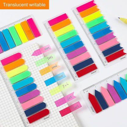 2000pcs Neon Page Markers Sticky Tabs, 10 Bright Colors & 5 Shapes Translucent Writable Flags, Index Tabs for Books/Notebooks/Office, with 5.5" Ruler (Arrow/Wave/Semicircle)