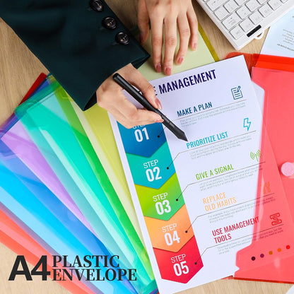 LEOBRO Plastic File Folders for Documents, 6 PCS Plastic Envelopes, Reusable Clear File Folders File Bags Document Holder, A4 Size