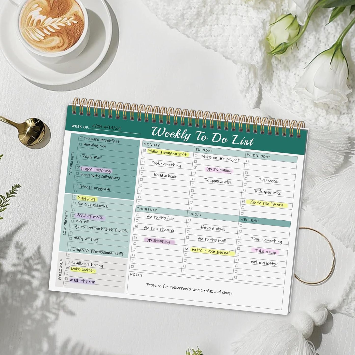 Kamoy Weekly To Do List Notepad with 52 Undated Sheets（8.5"×11"）- Undated Weekly Desk Planner Organizer for Work Home School Office Supplies