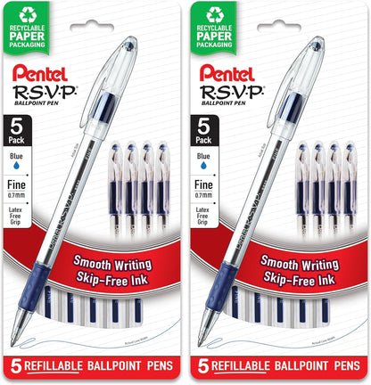 Pentel RSVP Ballpoint Pen, (0.7mm), Fine Line, Black Ink, Pack of 5 (BK90PF5A)