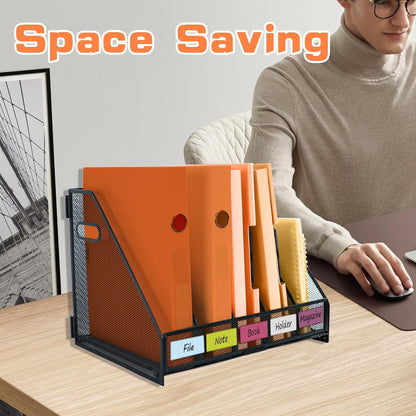 Magazine file holder for desk with 5 Vertical Compartments Folder Storage Binder Organizer for Office Home School Organization, Black