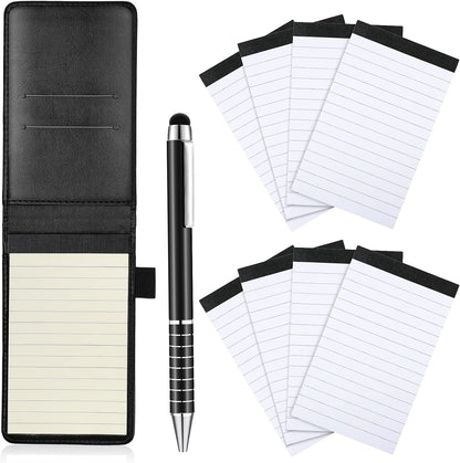 Outus 10 Pcs Mini Pocket Notepad Holder Set Included Small Leather Pocket Notebook Holder with 50 Lined Sheets, Metal Pen, 8 Pcs 3 x 5 Inch Memo Book Refills, 30 Lined Paper Per Note Pad (Black)