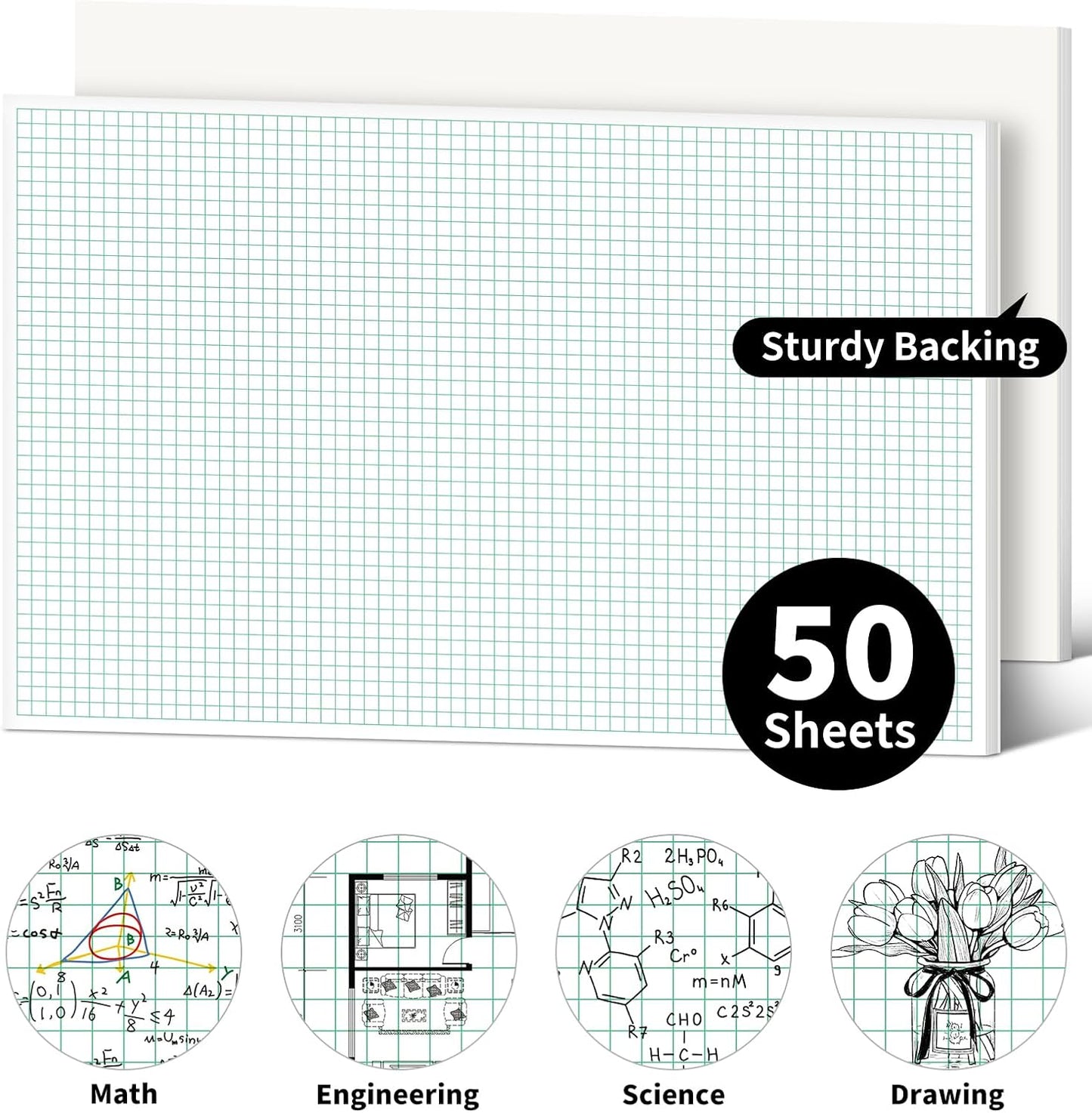 Graph Paper Notebook, 2 Pack, 8.5 x 11 Grid Paper, 4x4 Graph Ruled, 50 Sheets per Pad, Easy-Tear Perforations, 8.5 x 11 Cardboard Backing, for Math, Drafting, Drawing, Engineering