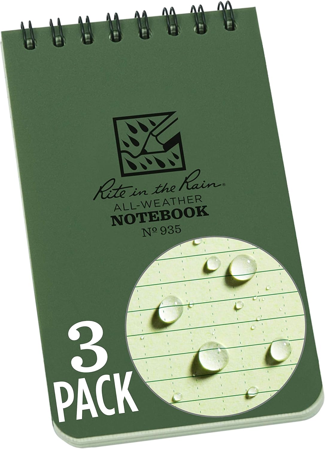 Rite in the Rain Weatherproof Top Spiral Notebook, 3" x 5", Black Cover, Universal Pattern, 3 Pack (No. 735-3X)