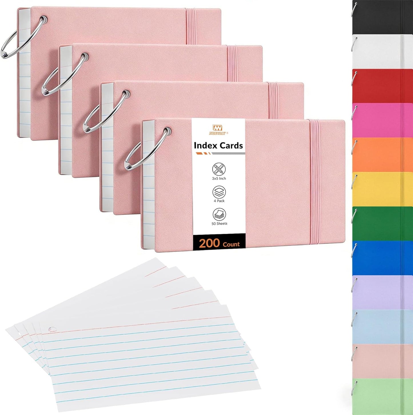 NEEWAY Ruled Index Cards with Ring 3x5 Inches, 200 Count Note Cards Lined, Flash Cards with Rings for Studying, Home and Office (Black)