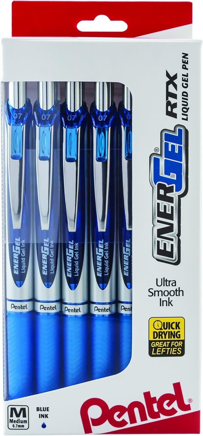 Pentel EnerGel RTX RT Liquid Gel Pen, Med, Metal Tip, (0.7mm), Blue Ink, Box of 12 (BL77PC12C1)