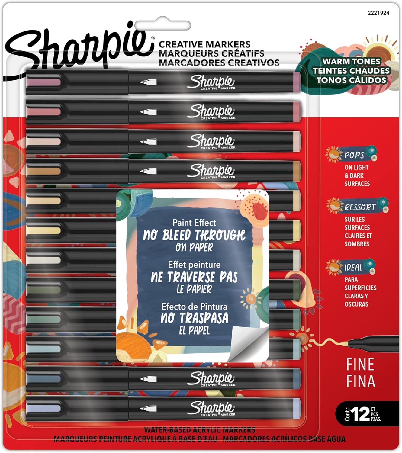 Sharpie Creative Markers, Warm Tones, Water-Based Acrylic Markers, Fine Tip, 12 Count