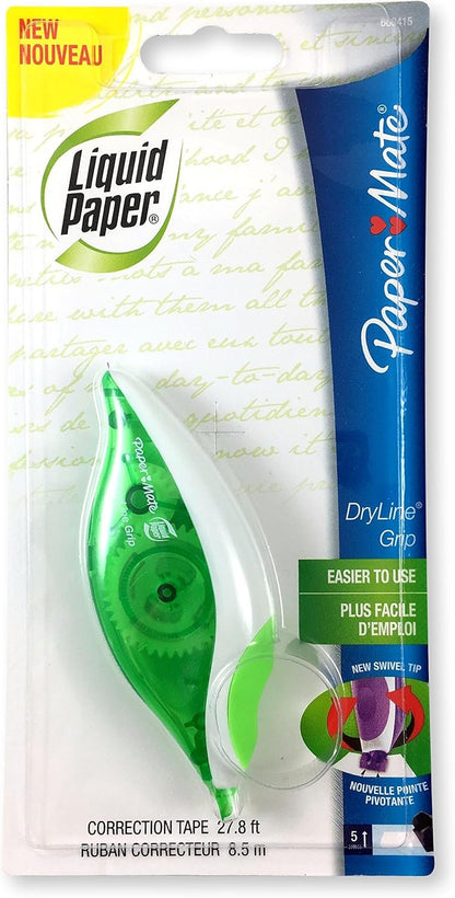 Paper Mate 660415 Liquid Paper DryLine Grip Correction Tape Dispenser, Pack of 4; Transparent Green Body; 1/5 inches Wide x 27.8 feet Long White Tape; Applies Dry, Rewrite Instantly; Swivel Tip