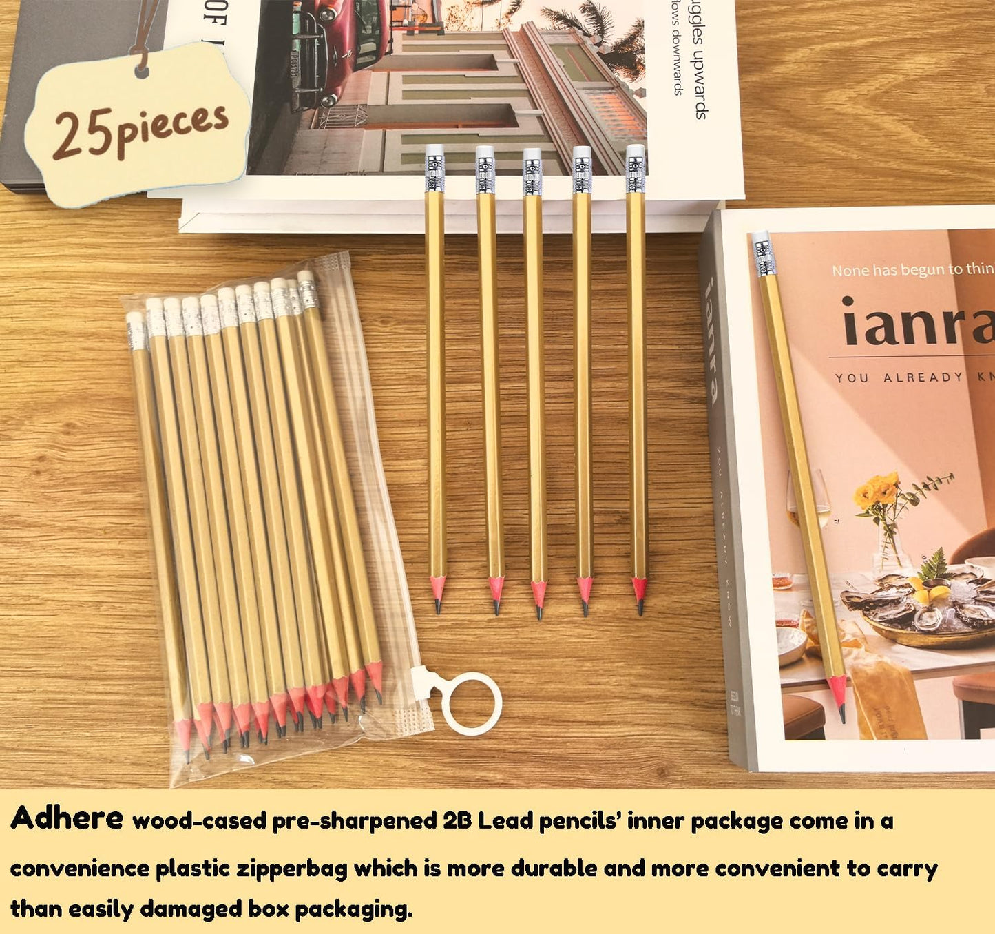 Adhere 25pcs Woodcase Pencils with Eraser Premium Pre-Sharpened Hexagon Graphite 2B pencils ideal for home, office writing including a Free Sharpener(Pink・25pcs)