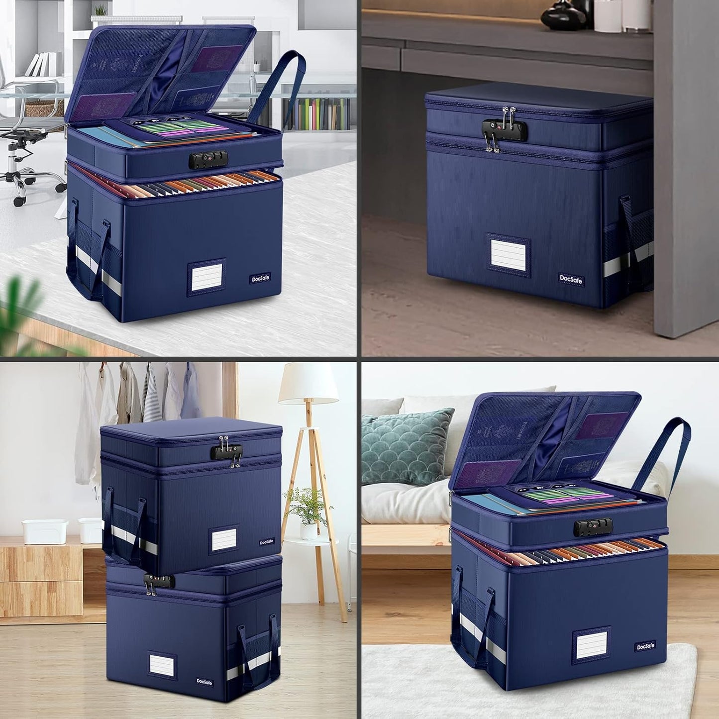 DocSafe File Box with Lock,Multi-Layer Fireproof Document Box Collapsible File Storage Organizer with Pockets/Handle,Large Portable Home Office Filing Safe for Hanging Letter/Legal Size Folders,Black
