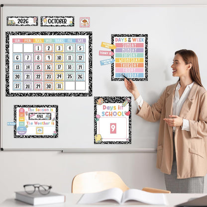 Whaline Composition Notebook Calender Bulletin Board Decorations Composition Classroom Calender Set with Chart Cutouts for Back to School Party Supplies