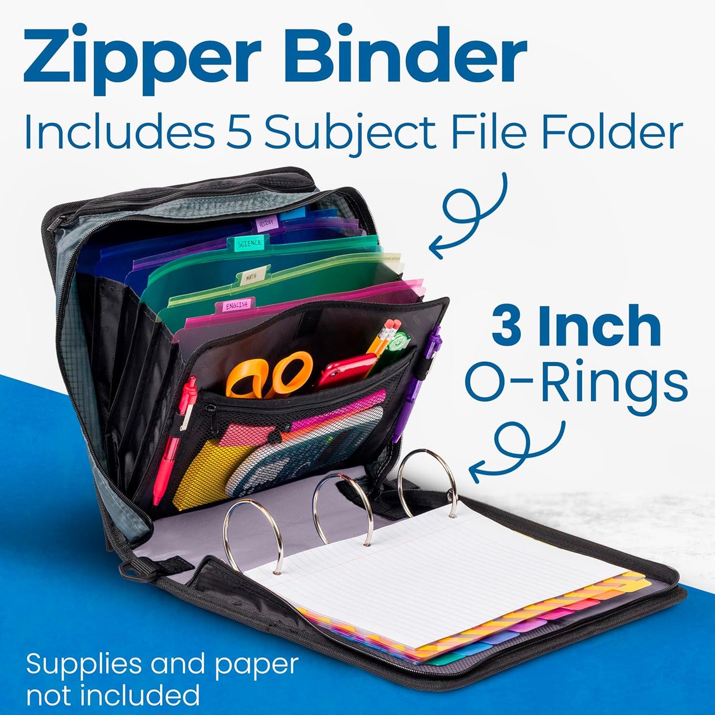 Case-it Mighty Zip Tab School Zipper Binder | 3-Inch O-Rings, 600-Sheet Capacity, 5-Subject Expanding File Folder, Multiple Pockets & Storage Organizer, Shoulder Strap | D-146 Jet Black