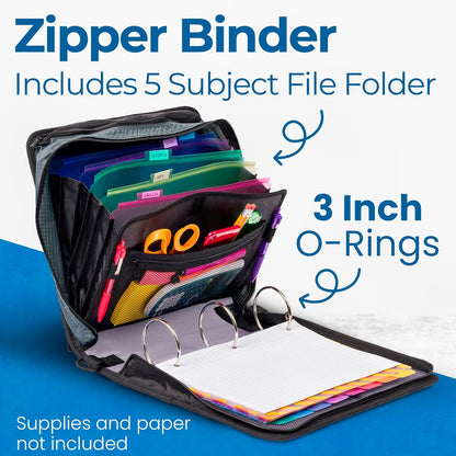 Case-it Mighty Zip Tab School Zipper Binder | 3-Inch O-Rings, 600-Sheet Capacity, 5-Subject Expanding File Folder, Multiple Pockets & Storage Organizer, Shoulder Strap | D-146 Jet Black