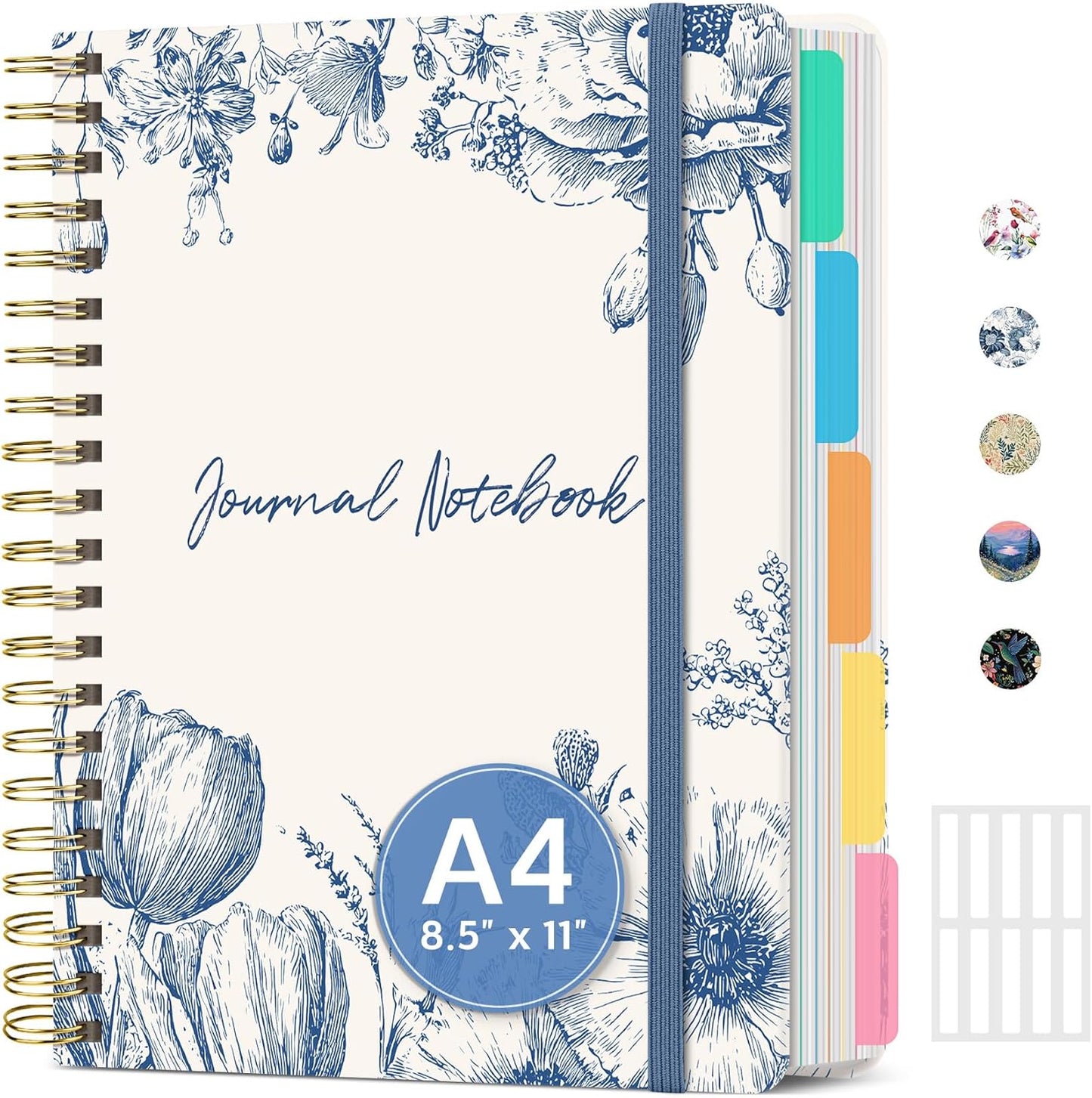 Large Lined Spiral Journal for Women Cute Hardcover 5 Subject Notebook for Work 8.5" x 11" with Removable Dividers & Tabs, College Ruled, 280 Pages Aesthetic Journal for Work, School & Note Taking, Garden of Whimsy