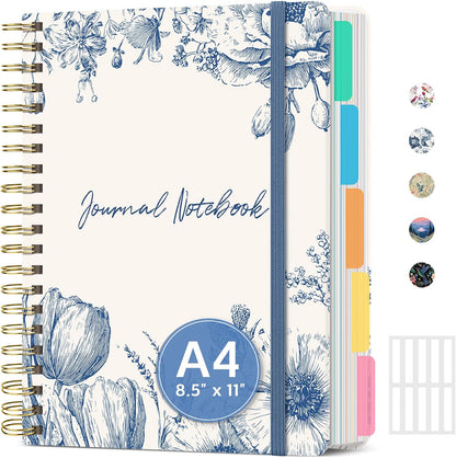 Large Lined Spiral Journal for Women Cute Hardcover 5 Subject Notebook for Work 8.5" x 11" with Removable Dividers & Tabs, College Ruled, 280 Pages Aesthetic Journal for Work, School & Note Taking, Garden of Whimsy