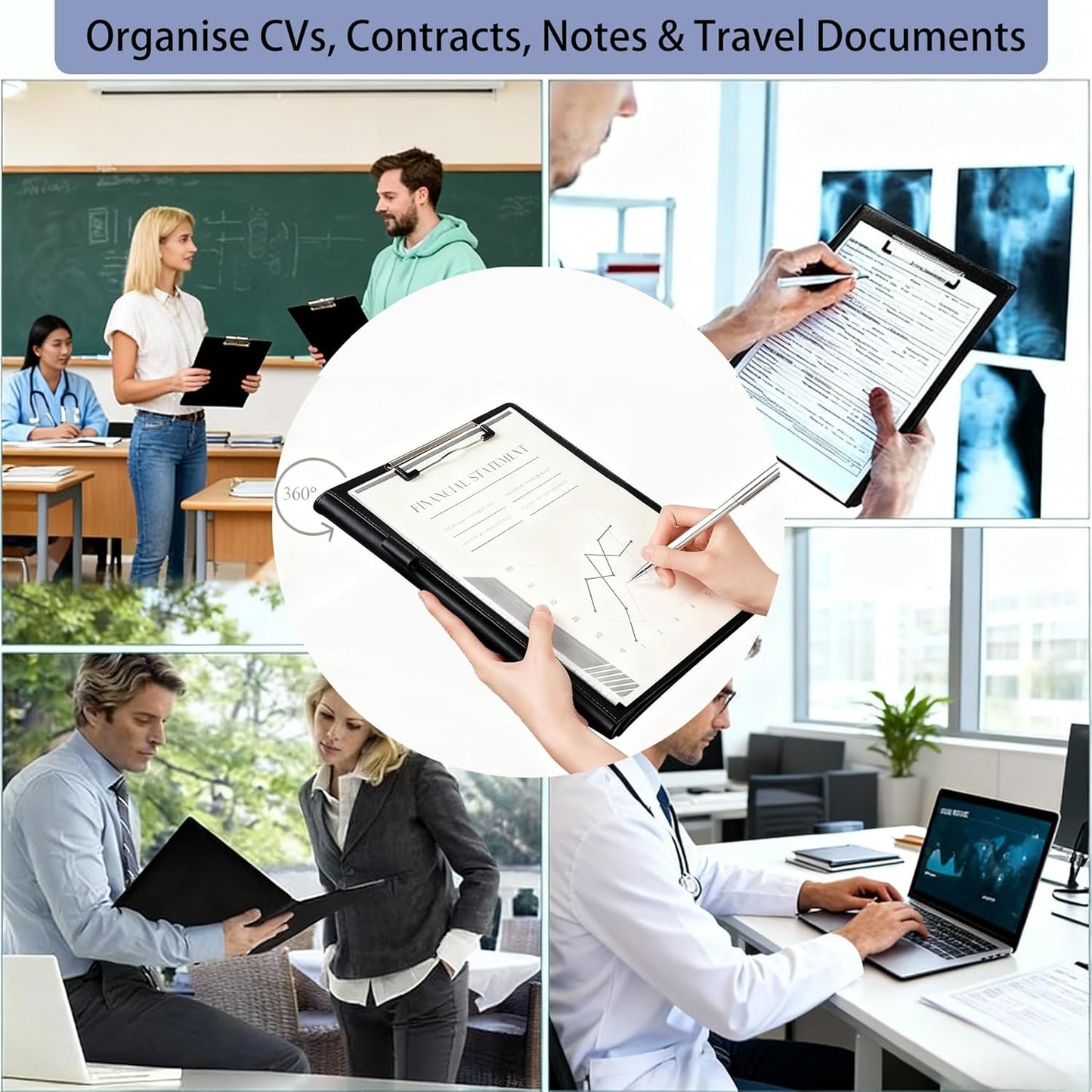 FXNT Professional A4 Clipboard Folder - PU Leather Padfolio Organizer with Clipboard, Business Portfolio for Resume, Documents, Meetings (Black)