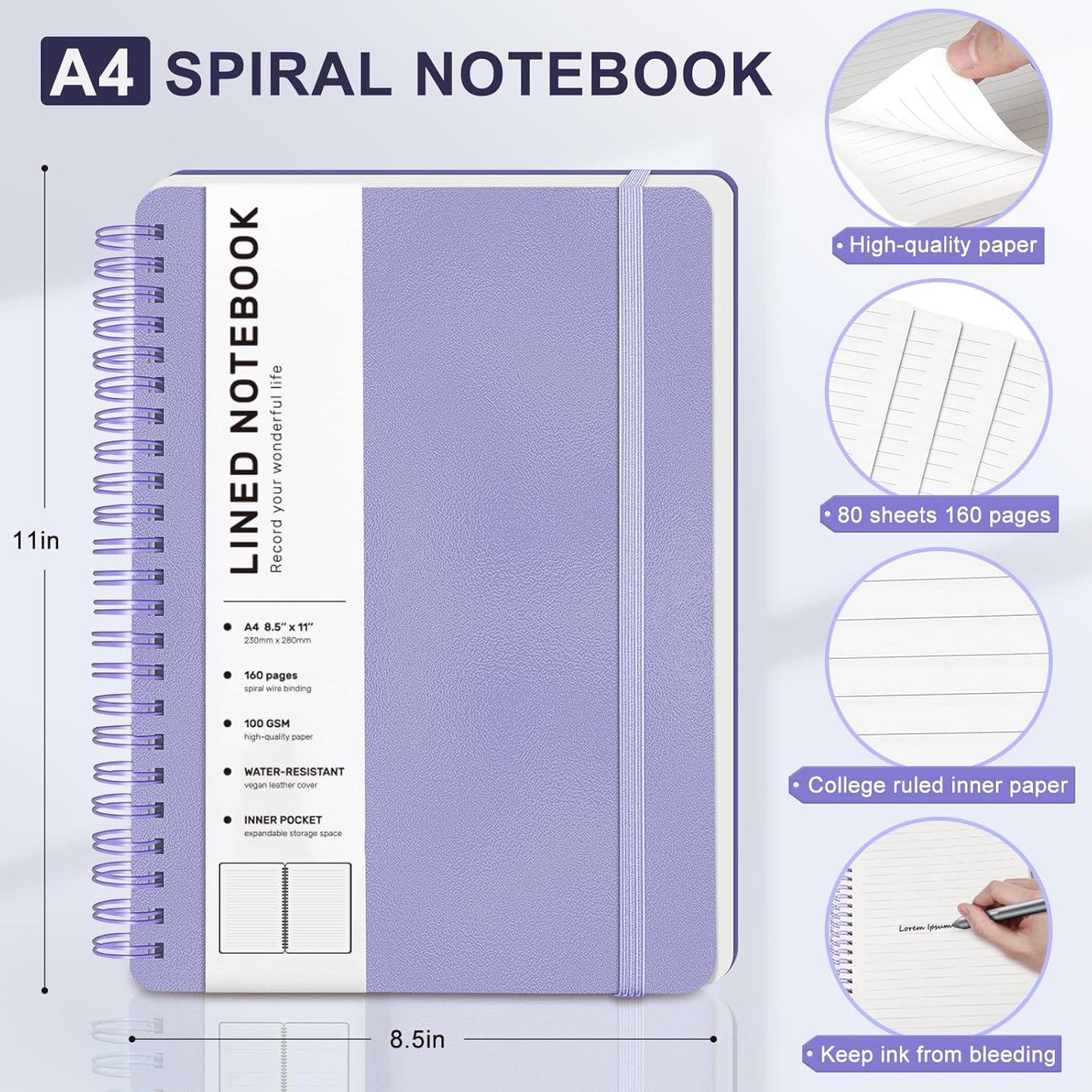 Lined Spiral Journal Notebook, A5 Hardcover Leather Notebook for Work, 5.7''×8.2'', 100GSM Thick Paper Spiral Bound Journaling Notebooks for Women & Men Office School Note Taking Business, Black
