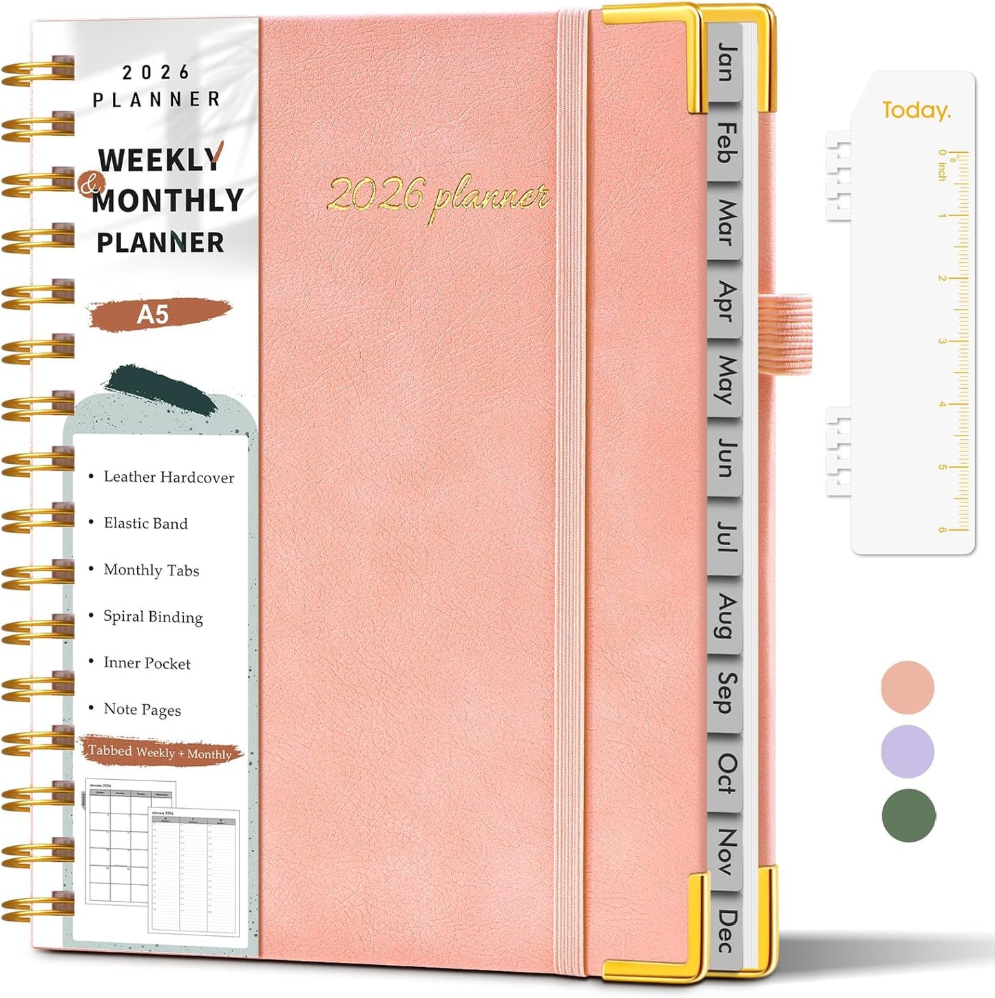 2026 Planner, Weekly and Monthly Calendar Planner from January 2026 - December 2026, 8.5" x 11" Hardcover Leather Hourly Appointment Book with Tabs, Spiral Daily Planners for School Work Home, Green