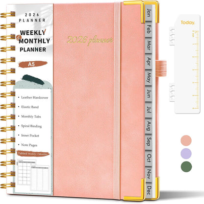2026 Planner, Weekly and Monthly Calendar Planner from January 2026 - December 2026, 8.5" x 11" Hardcover Leather Hourly Appointment Book with Tabs, Spiral Daily Planners for School Work Home, Green