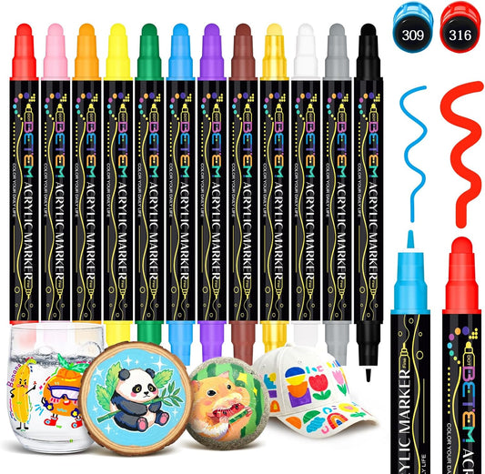 Betem 24 Colors Dual Tip Acrylic Paint Markers, Fabric Decorating Kits Premium Water-Based Acrylic Paint Pens Art Supplies for Fabric, Rock, Wood, Glass, Canvas, Ceramic, Teacher Appreciation Gift