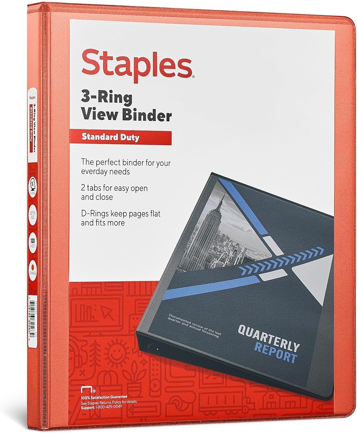 Staples Standard 2-Inch 3-Ring View Binder, Holds Up to 450 Sheets, Orange, Durable Binder for Office & School
