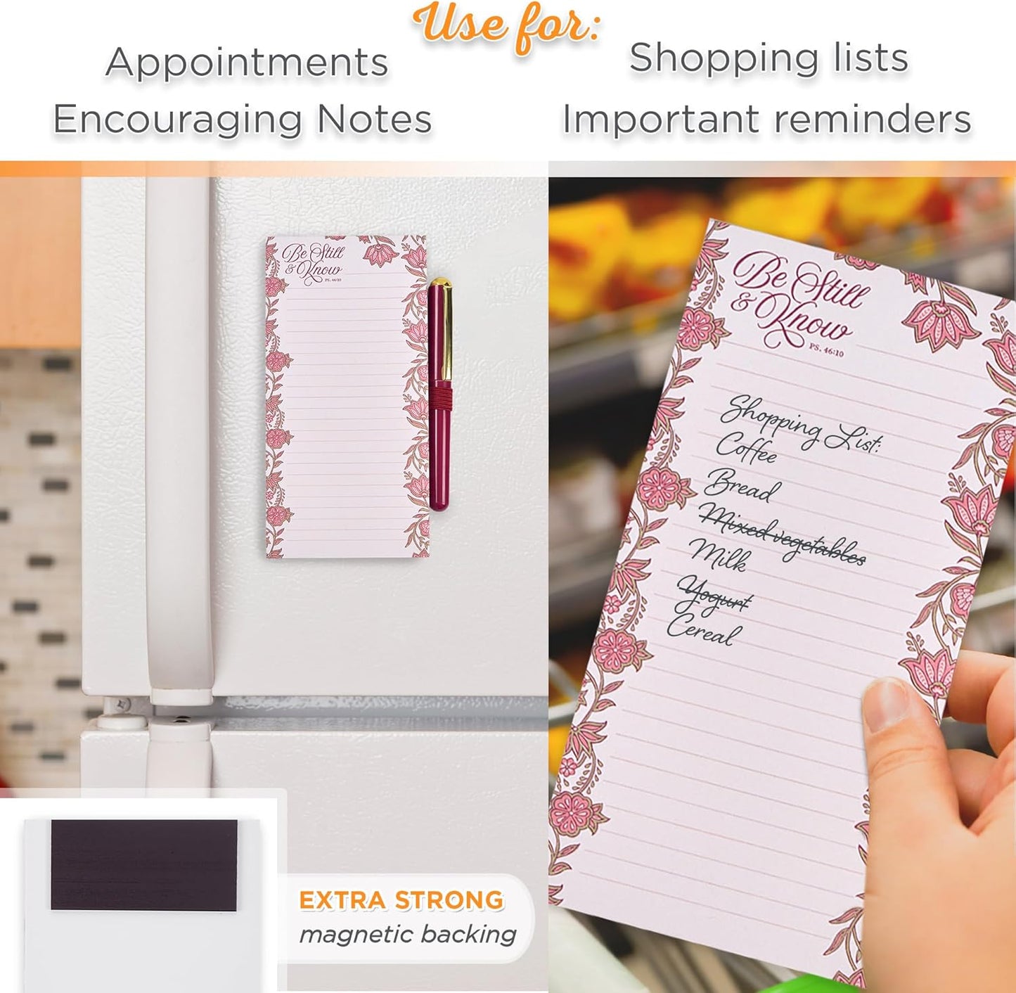 Christian Art Gifts Compact Magnetic Notepad & Medium Ballpoint Pen Set: Trust in the Lord Inspirational Scripture, Shopping Lists, Memos, Reminders, 70 Lined Easy Tear-off Sheets, Purple/Teal Floral
