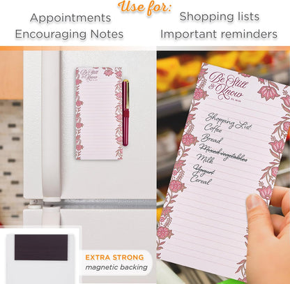 Christian Art Gifts Compact Magnetic Notepad & Medium Ballpoint Pen Set: Trust in the Lord Inspirational Scripture, Shopping Lists, Memos, Reminders, 70 Lined Easy Tear-off Sheets, Purple/Teal Floral